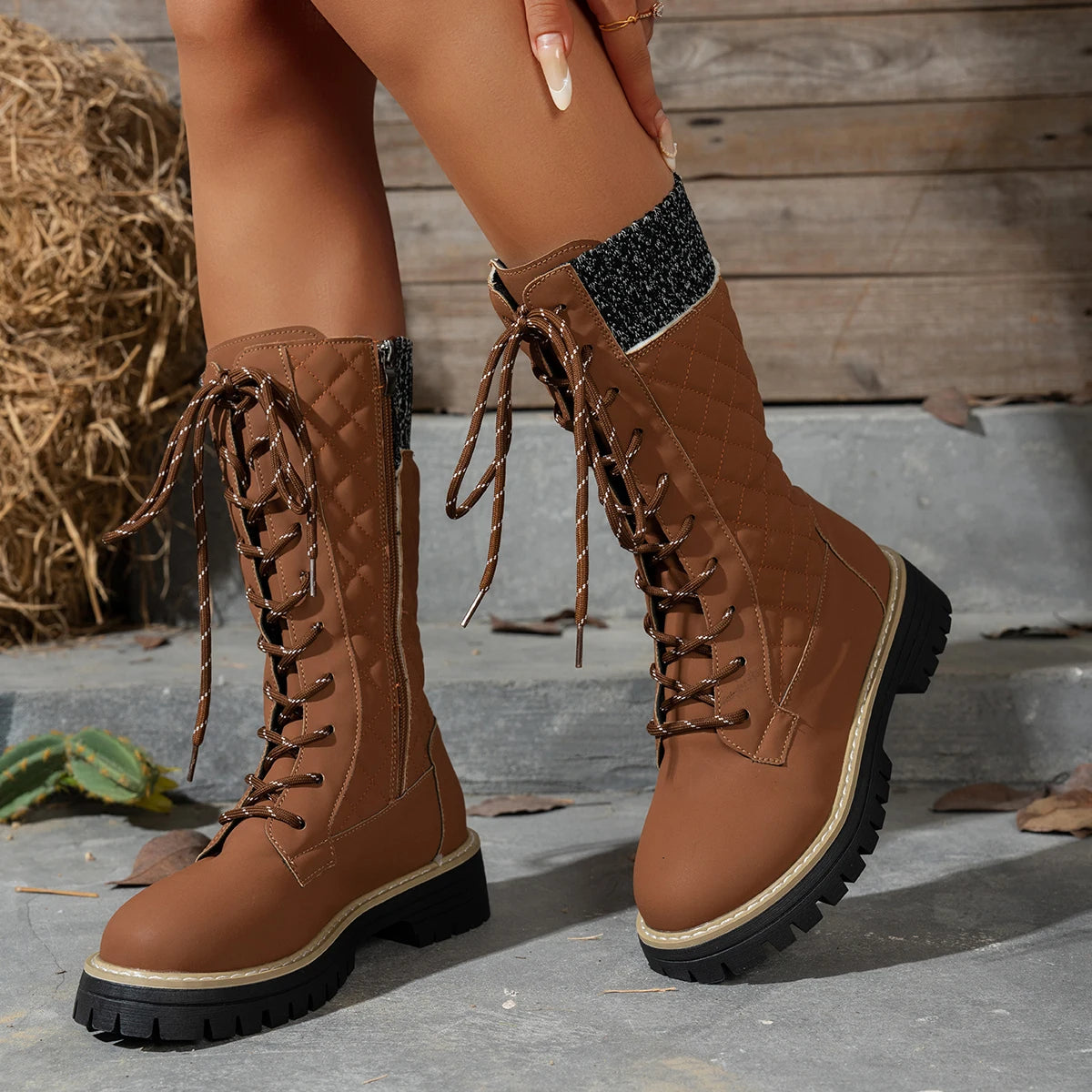 Women Ankle Boots 2025 New Designer Warm Snow Boots Women Lace-Up Fashion Casual Boots Plus Size Plush Mid Calf Platform Shoes Zpaxo Khaki 39