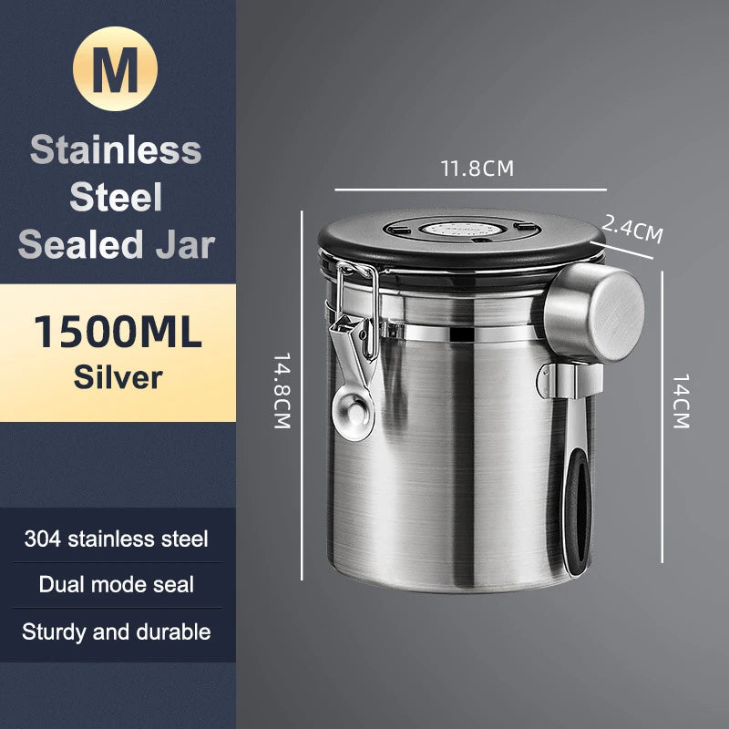 1.2 1.5 1.8L Coffee Bean Jar Airtight Canister Sealed Stainless Steel With Spoon One Way Valve Cannister Coffee Storage Kitchen Zpaxo 1500ml Silver