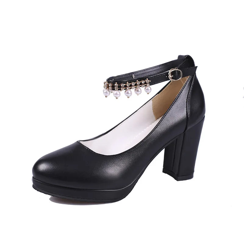 Women's Wedding Shoes String Bead Ankle Strap Elegant Middle Heel Zpaxo