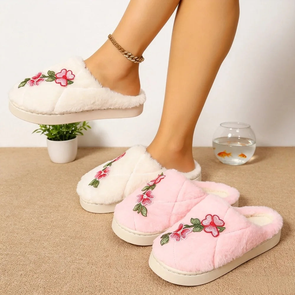 Cotton Slippers Women Flowers Slides Female Thick Bottom Soft Winter