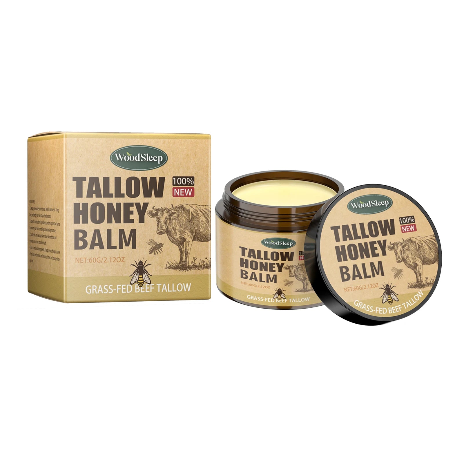 Beef Tallow Honey Balm Moisturizing Hydrating Face Cream Body Lotion Fades Fine Lines Tighten Soothen Brightening Facial Skin Zpaxo 60g Boxed