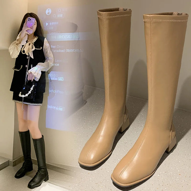 2023 Women Knee Boots Female Leather Knight Ties Lady Heels White Zpaxo