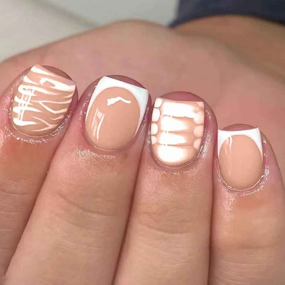 Short Round False Nails French Bear Glitter Butterfly Full Cover Zpaxo F2R55