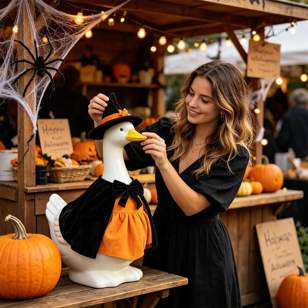 Halloween Goose Outfit Pumpkin Witch Hat Clothing Decor Porch Outfits