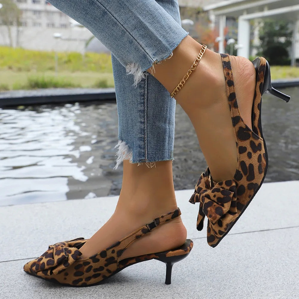 Women Kitten Heels Slingbacks Sandals Leopard Big Bow Leather Pointed Zpaxo 36 Leopard Brown