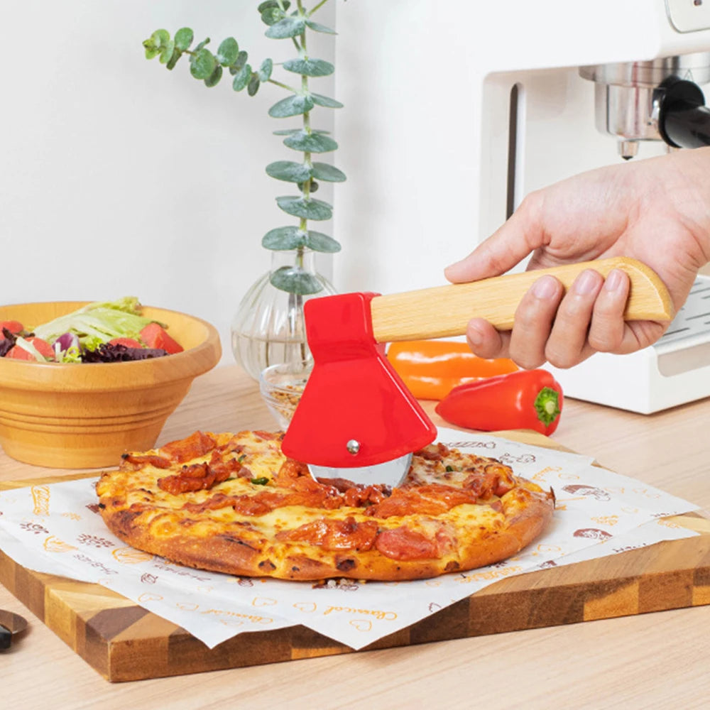 Pizza Cutter Wheel with Bamboo Handle Stainless Steel Axe Shaped Pizza Slicer for Pizza Pie Waffles Dough Kitchen Accessories Zpaxo