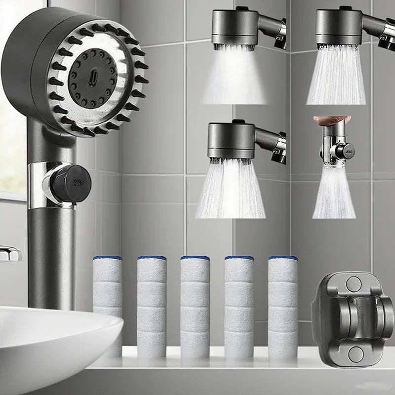 High-pressure Massage Shower Head 4 Modes Rain One-touch Stop Filter