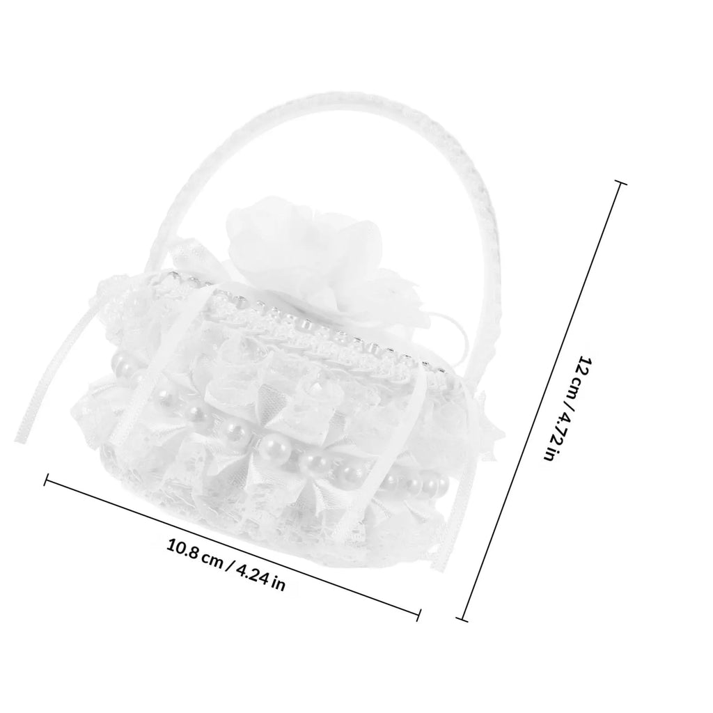 White Mini Satin Ring Box Embroidered Wedding Basket Pearl Handle