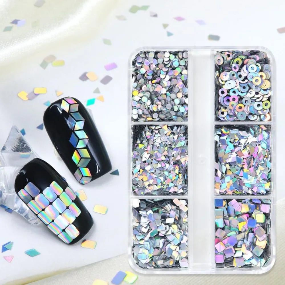 6 Grids Nail Enhancement Laser Glitter Geometric Patterns DIY Manicure Tools Nail Art Sequins Nail Decoration Nail Charms Zpaxo 1pc