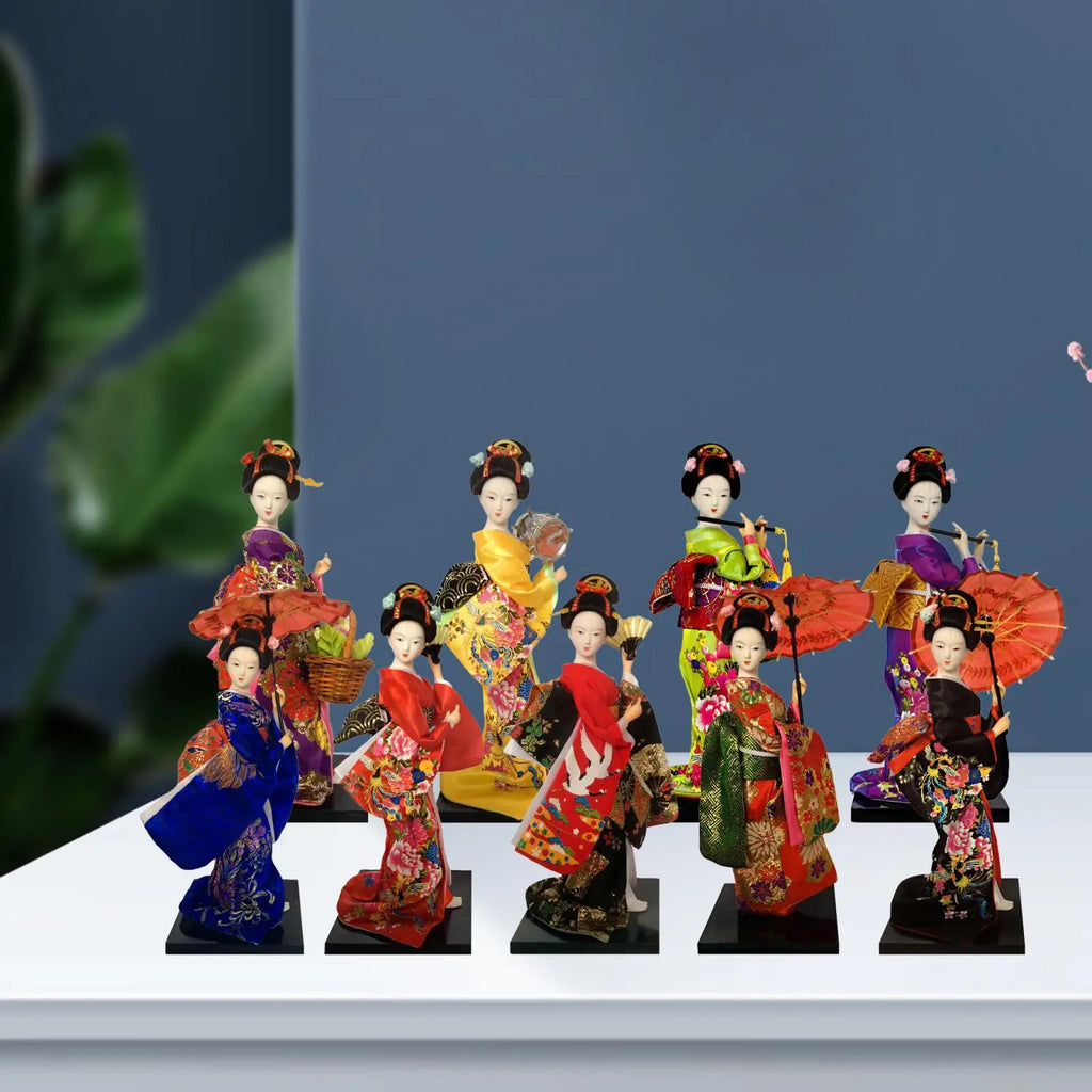Japanese Geisha 9" Free Standing Oriental Ancient Kabuki Girl Statue Kimono Dolls Ornament for Shelf Table Home Office Decor Zpaxo