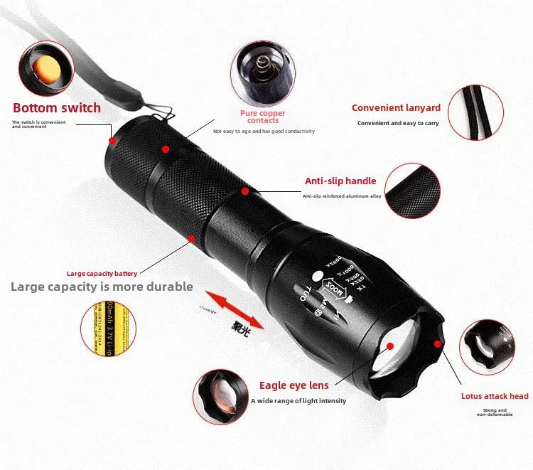 Explosive T6 Strong Light Long Distance Flashlight LED Telescopic