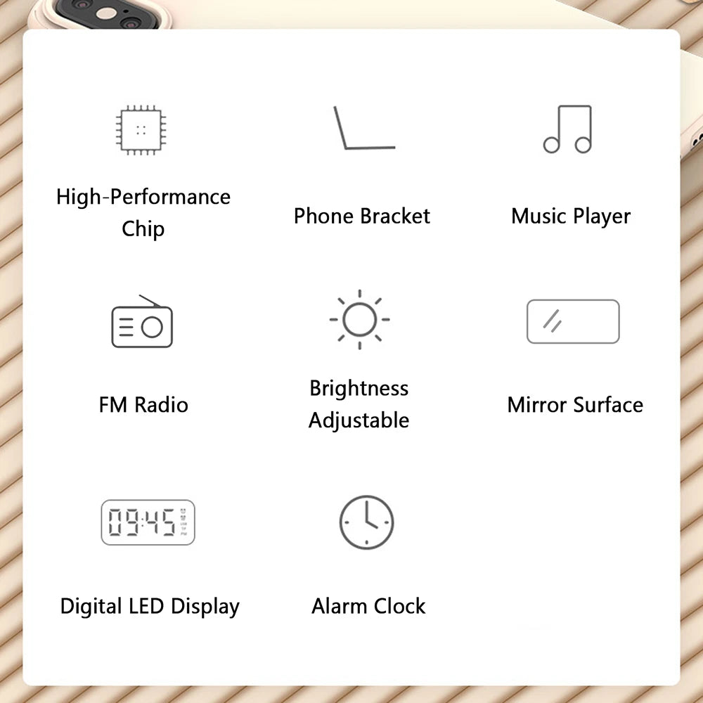 Digital Mirror Surface Alarm Clock Desktop Portable BT Speaker & FM Radio Rechargeable Support TF Card for Home Office Travel Zpaxo