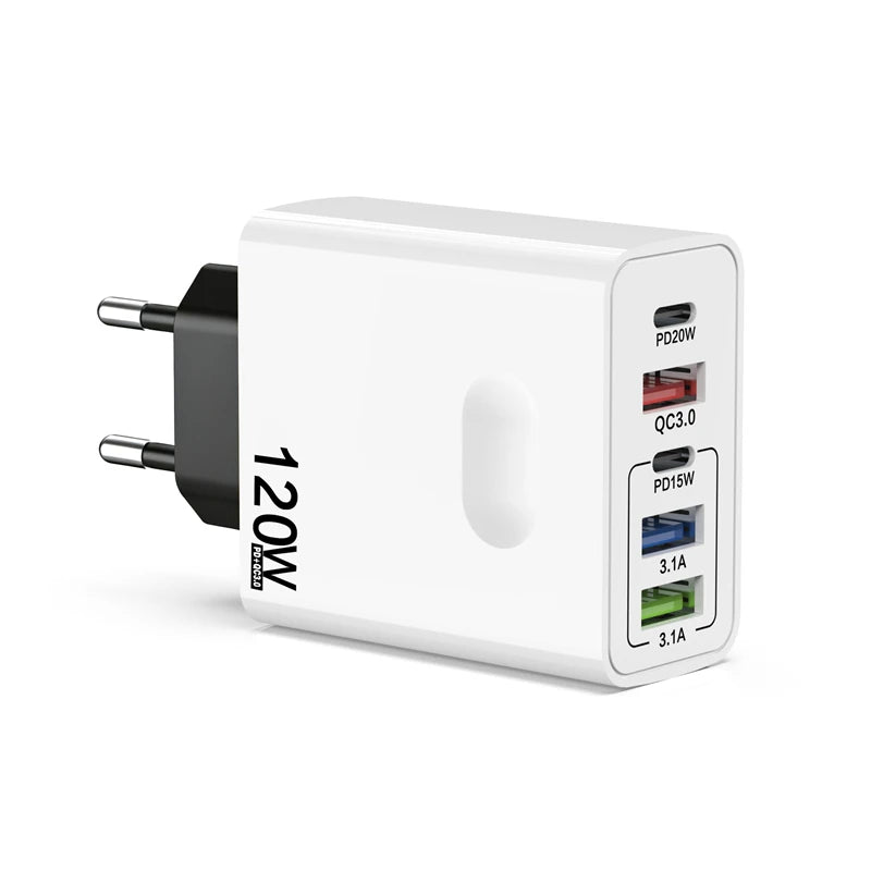120W 5 Port USB Type C Charger Fast Charging Data Cable USB Phone Charger Adapter for Samsung iPhone Xiaomi Huawei Wall Charger Zpaxo EU White