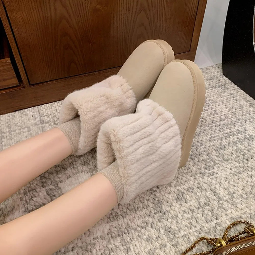 Fashion Women Round Toe Warm Thickened Plush Winter Beige Mid-calf