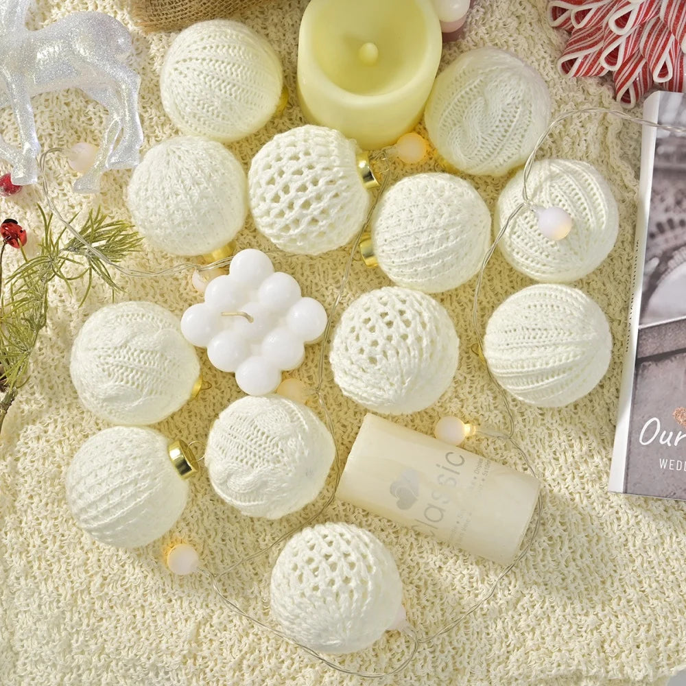 12-Pack White Knitted Yarn Christmas Ball Ornaments | Tree Decor