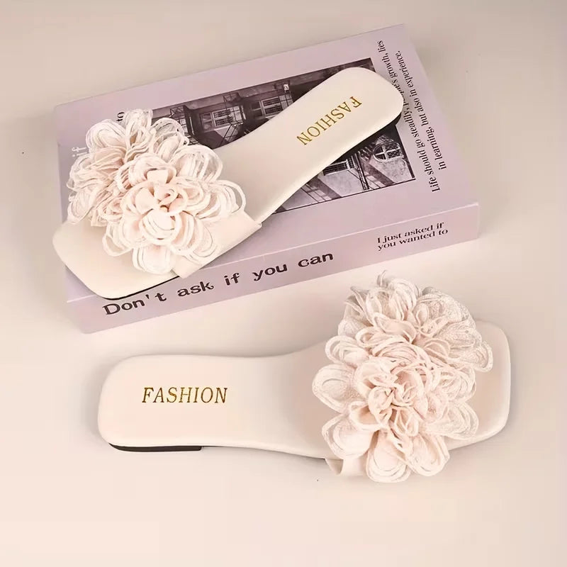 Women Flower Flat Slippers Summer Casual Walking Shoes Female Fashion Zpaxo Beige 36