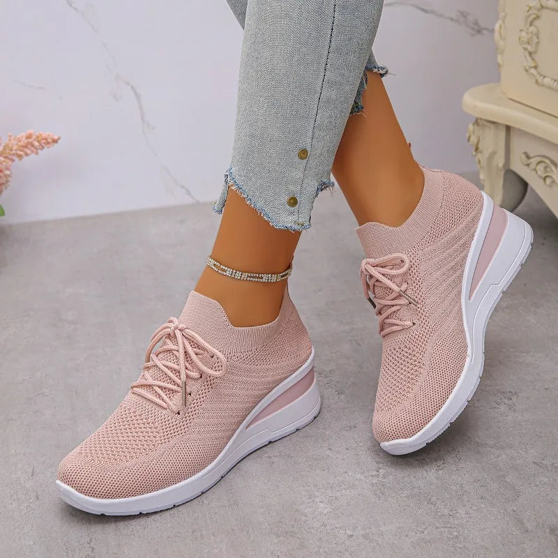 Women's Breathable Knitting Wedge Sneakers Thick Sole Casual Woman Zpaxo Pink 42