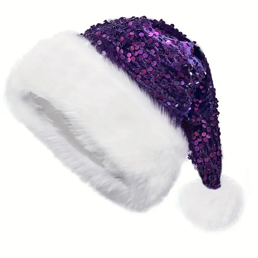 Sequin Santa Hat – Plush Fluffy Pompom for Adults & Kids