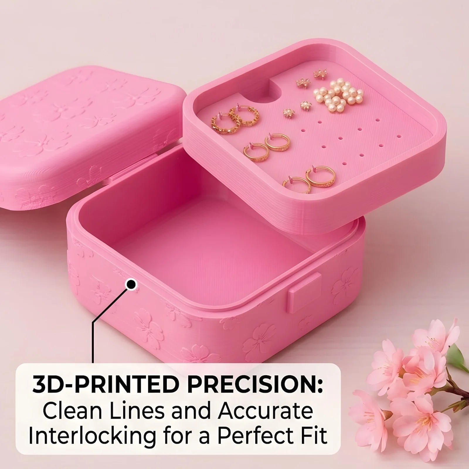 Portable 3D Printed Jewelry Box Mini Travel Organizer Case Cute Pink