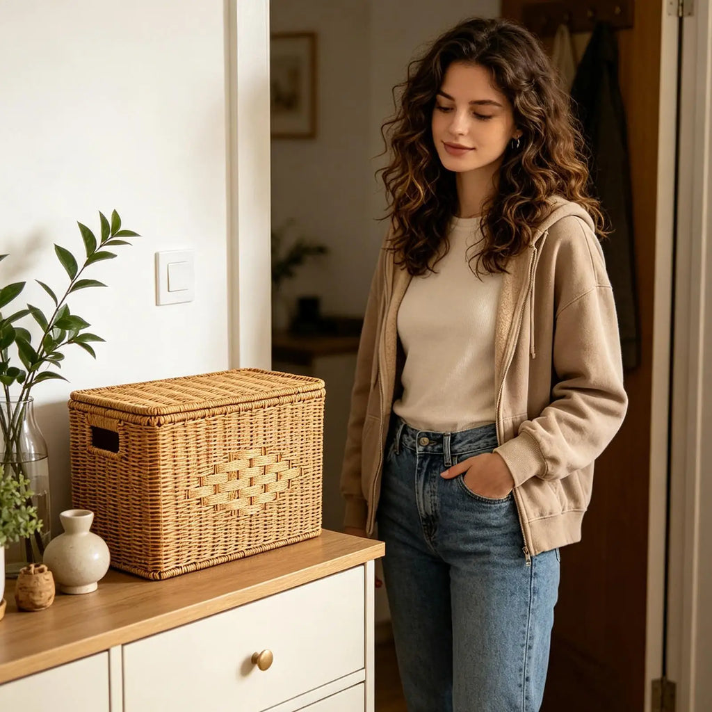 Slim Storage Basket with Lid Dustproof Tall Slim Woven Home Storage Bin Basket for Dorm Office Apartment Bedroom Living Room Zpaxo