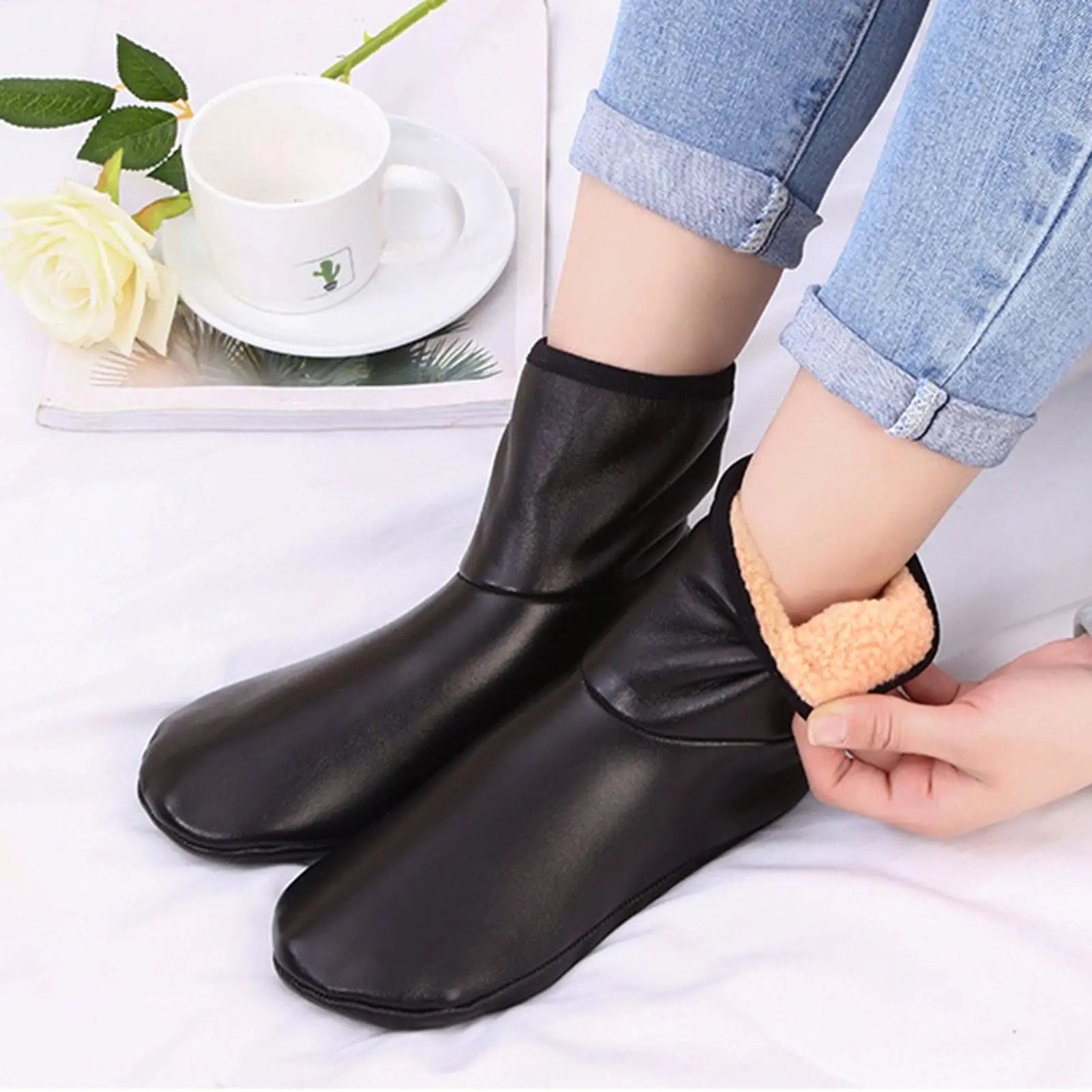 Leather Socks Waterproof Fleece Lined Indoor Outdoor Slip Resistant