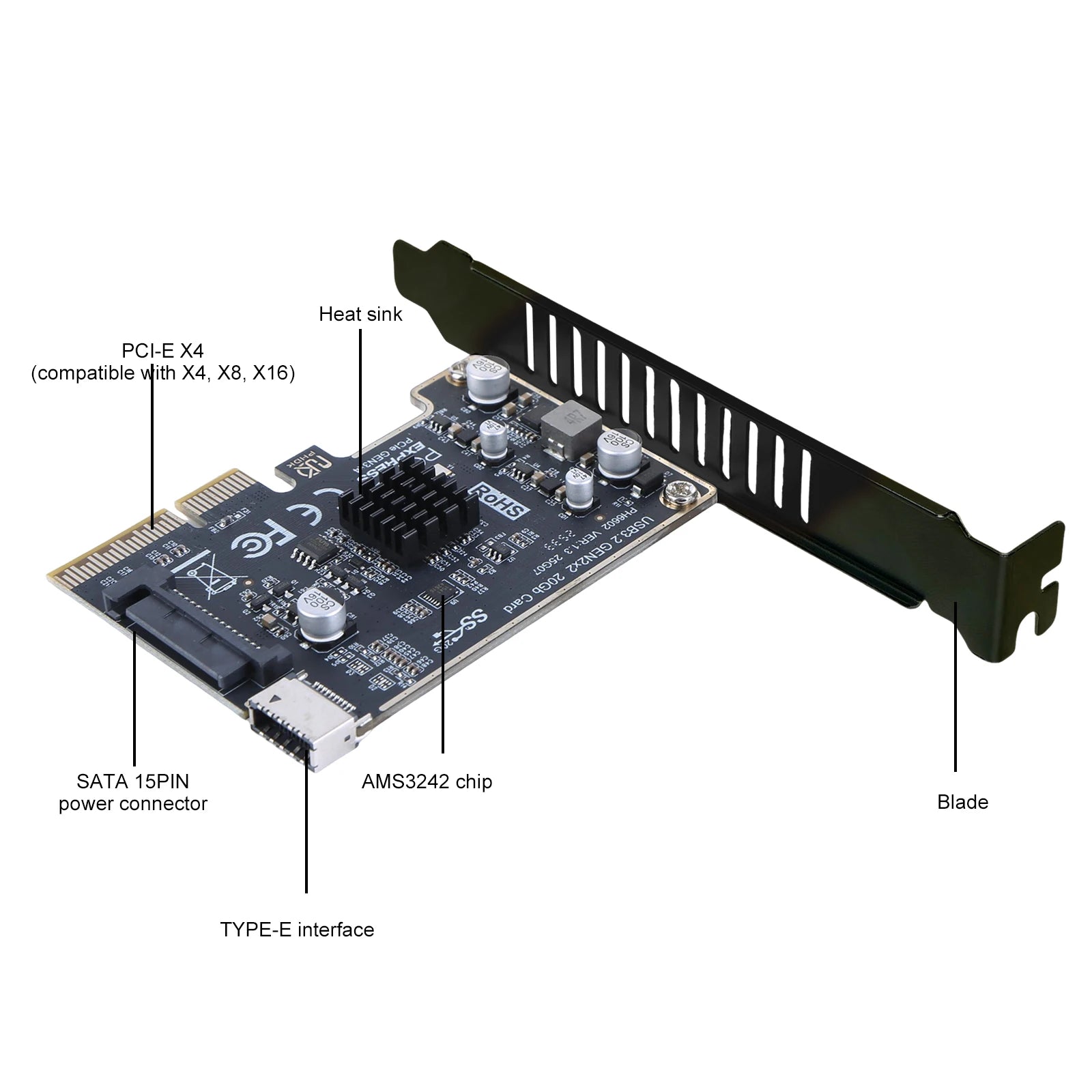 PCIE to Type-E Expansion Card PCI Express X4 to Type E USB 3.2 GEN2 20Gb Riser Board ASM3242 Chip for Desktop Front Panel Type C Zpaxo