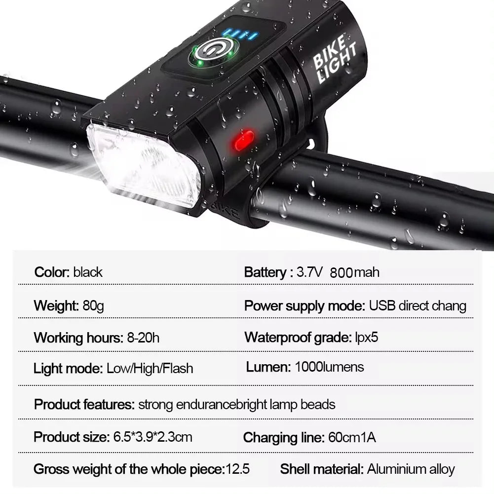 1000LM Rechargeable Bike Front Light – 6-Mode LED Headlight