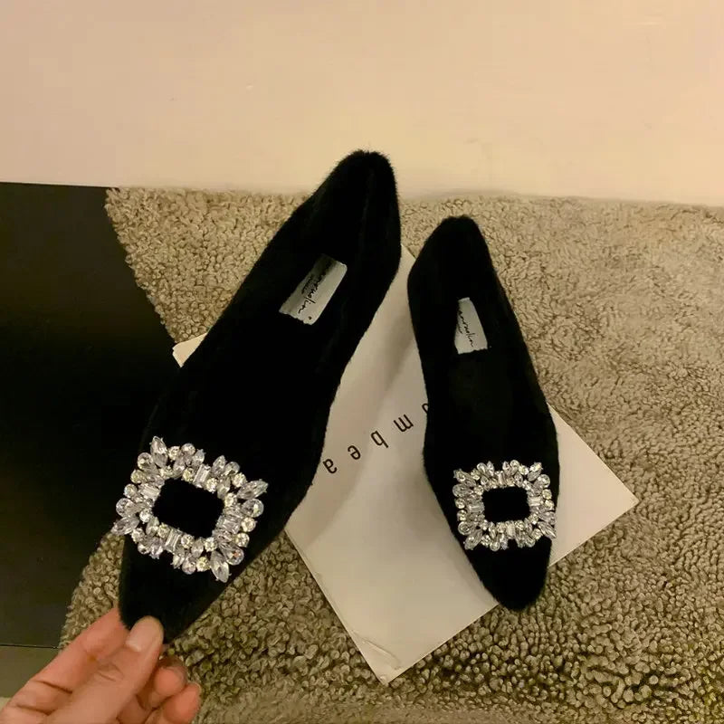 Flat Shoes for Women's Autumn Winter Rhinestone Pointed Toe Hairy Shoes Outerwear Plus Velvet Plus Plus Large Size Cotton Shoes Zpaxo