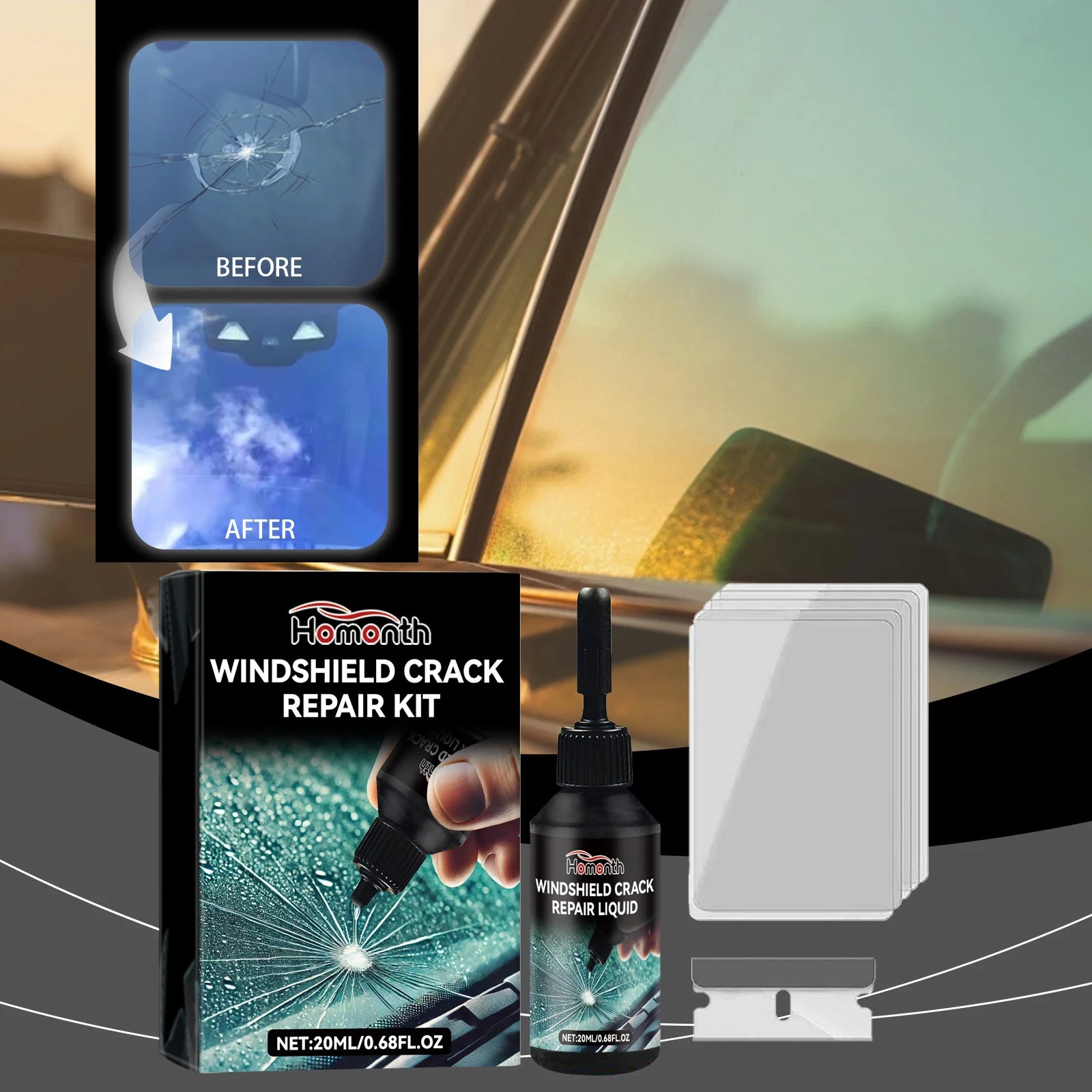 Windshield Chip Repair Kit with 1 Blade 5 Curing Films Glass Repair Liquid for Fixing Chips and Star Shaped Crack Zpaxo