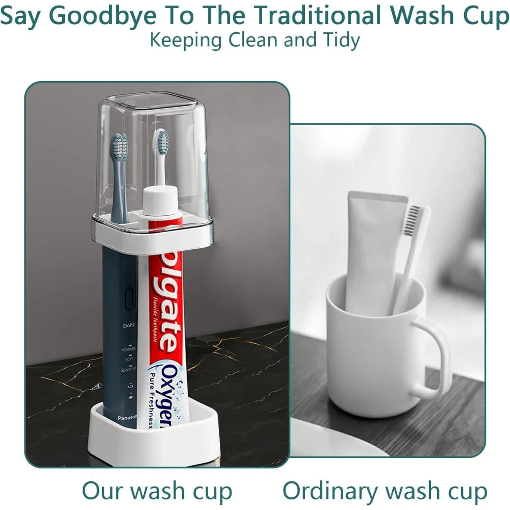 3-in-1 Countertop Toothbrush Holder with Cover & Toothpaste Slot