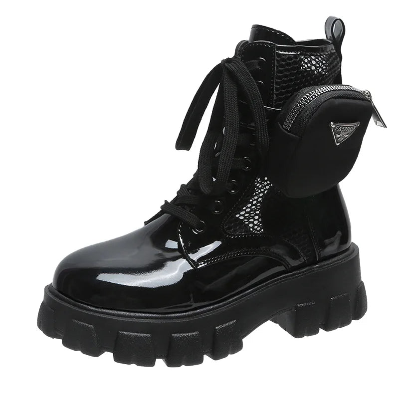 2024 Women Thick-soled Leather Boots Casual Fashion Lace-up Nylon Zpaxo