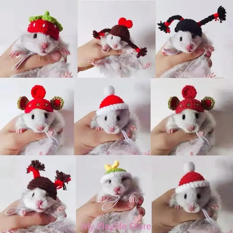 Handmade Crochet Small Pet Hat Adjustable Neckstrap Hamster Cartoon