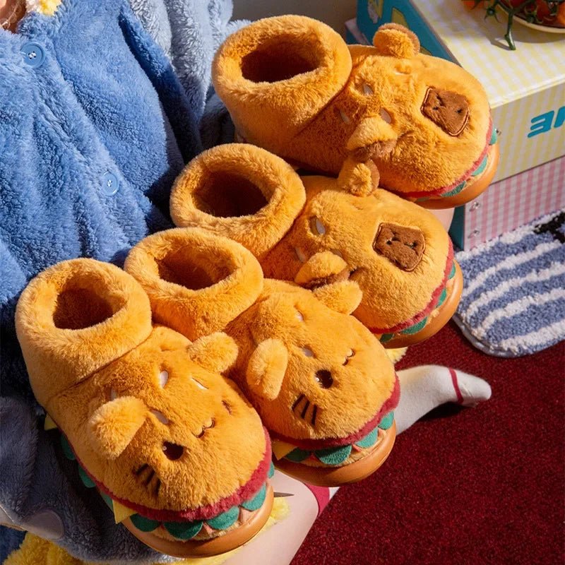 Cute Hamburger Fluffy Slippers Women Men High-top Winter Warm House