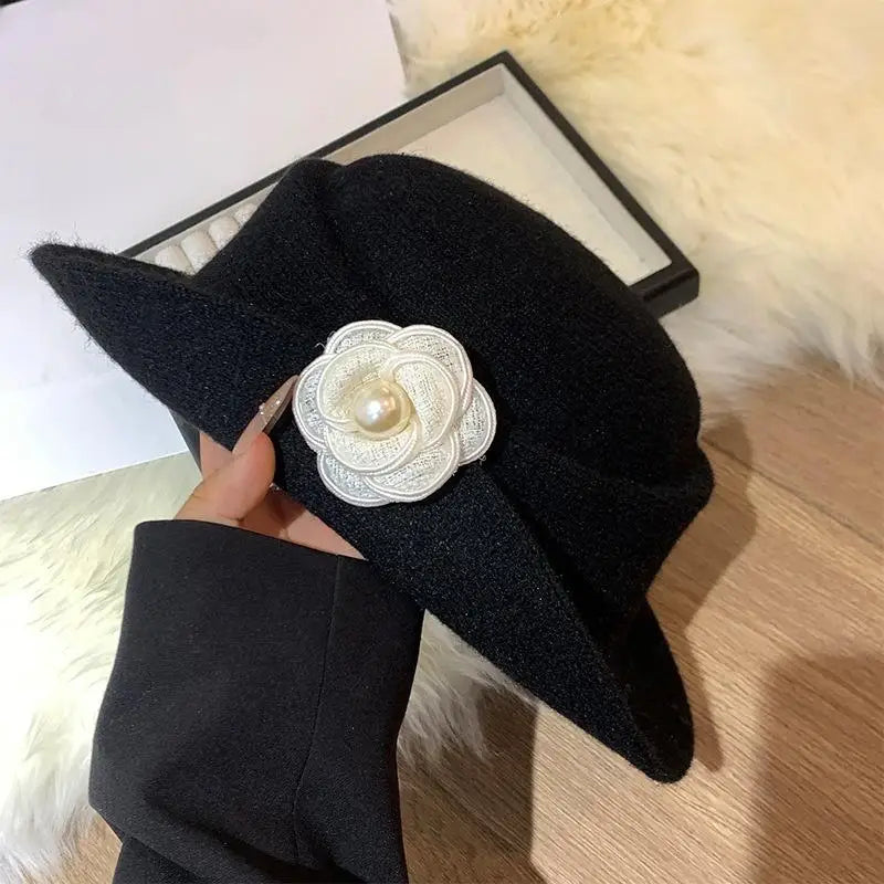 Vintage Chic Ruffled Camellia Heiress Winter Cap Women French-style Zpaxo Black