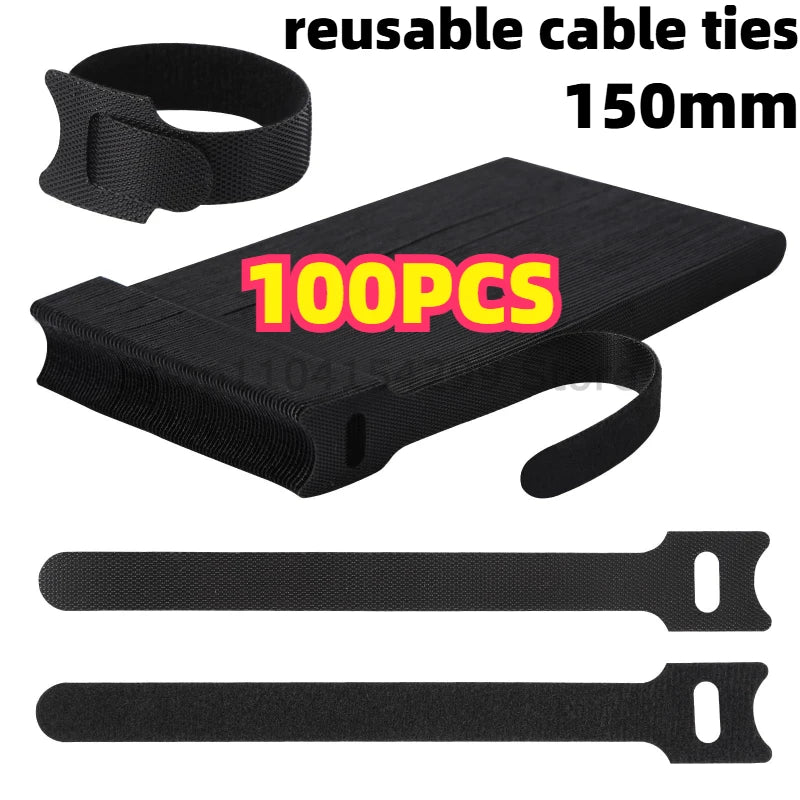 100pcs Releasable Cable Ties Black Nylon Loop Hoop Straps Wrap Zip Bundle Bandage Tie Plastics Fastening Desktop Cables Manager Zpaxo