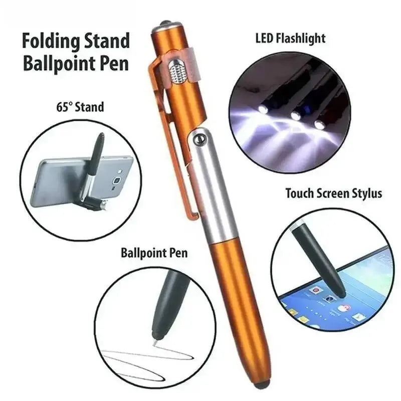 Multi-Function 4 In 1 Foldable Ballpoint Pen Capacitive Stylus (Flashlight+Support) For Tablet iPad Mobile Phone Holder Stand Zpaxo