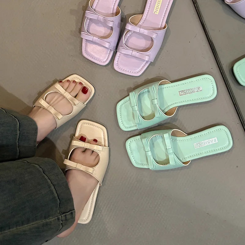 2025 Summer Designer Dress Slides Beach Shoes Women Bow Flat Slippers Women's Shoes Open Toe Flat Slippers for Women Zpaxo