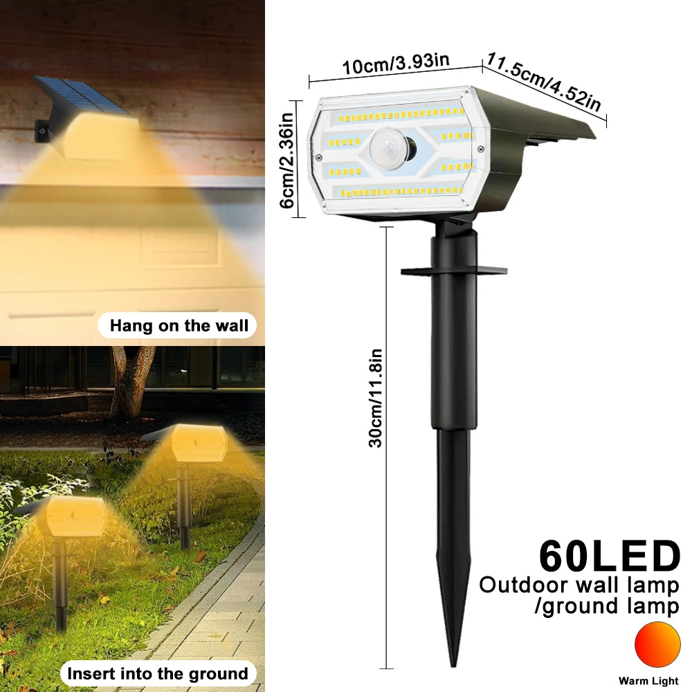 Solar Spot Lights Outdoor Motion Sensor 56/60LEDS Solar Landscape Spotlights 3 Modes Waterproof Wall Lamp Yard Driveway Walkway Zpaxo 60 LED Warm White 1pc