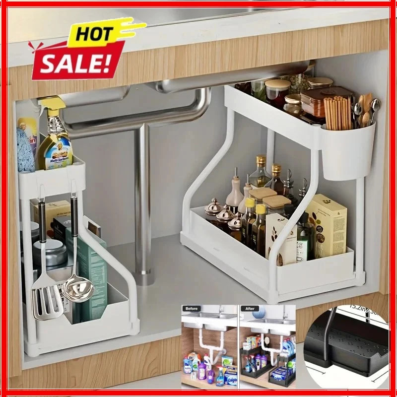 2-Tier Pull-Out Under Sink Organizer | Space-Saving Cabinet Under Sink Organizer Zpaxo