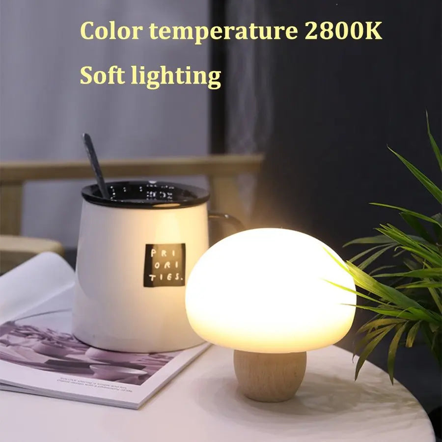 LED Mushroom Night Light – Dimmable Touch Lamp & Wood Base