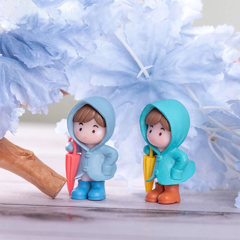 1＆4PC Umbrella Raincoat Girl Boy Figure Decor Pvc Craft Figurine Decor Miniature Fairy Garden Ornament Pendant DIY Accessory Zpaxo