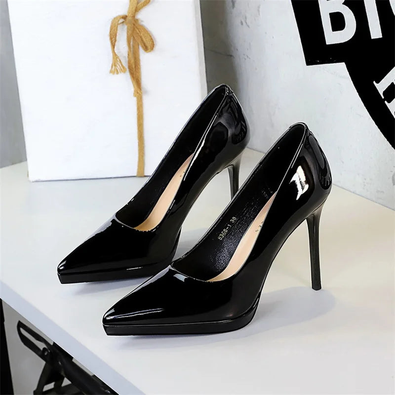 Heels Fashion Banquet Thin Heel Patent Leather Shallow Mouth Pointed Zpaxo
