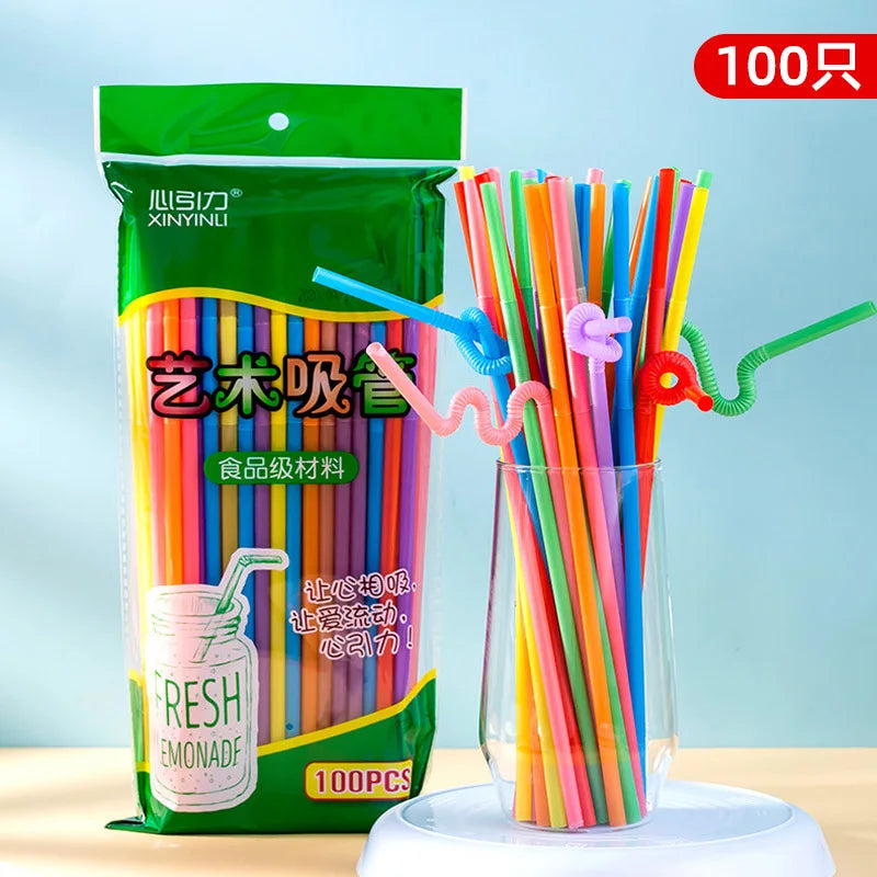 New 100Pcs Foldable Multicolor Disposable Long Straw, Single Curved Colored Food Grade Beverage, Milk Tea, Fruit Juice Straw Zpaxo 100pcs