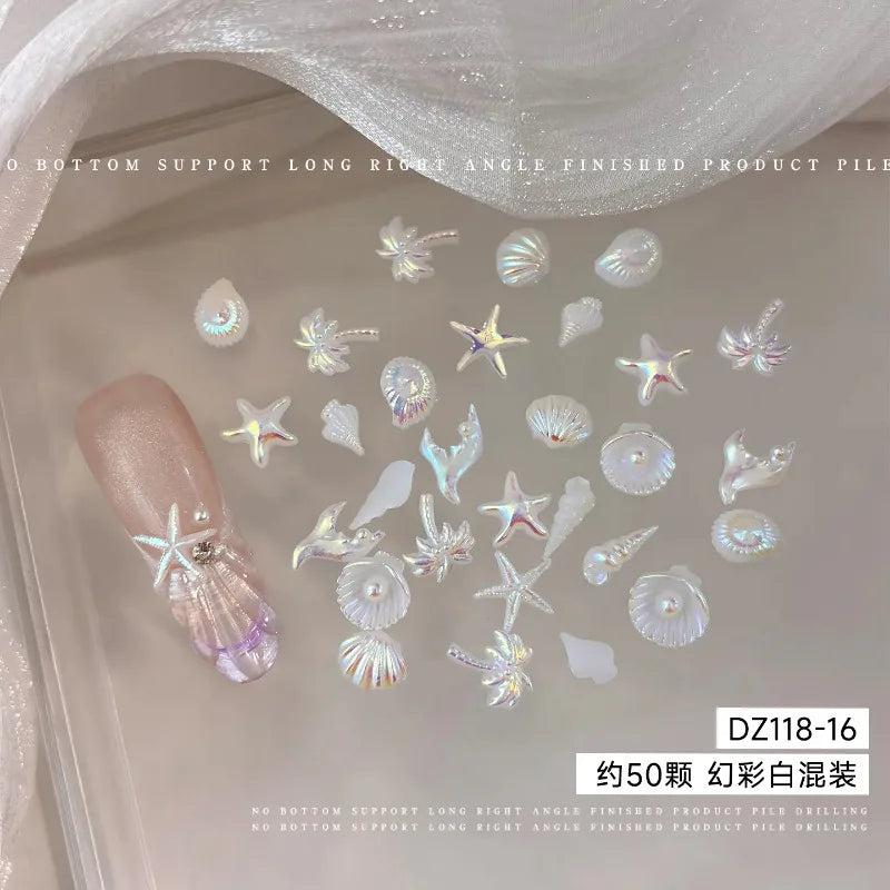 Mixed Summer Aurora Shell Nail Rhinestone Ocean Theme Starfish Coconut Tree Resin Nail Charm Decoration DIY Manicure Accessories Zpaxo A-50pcs mix per pack