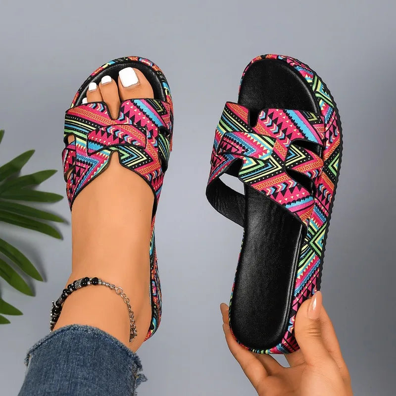 Summer Women's Open Toe Colorful Printed Platform Slippers Zpaxo