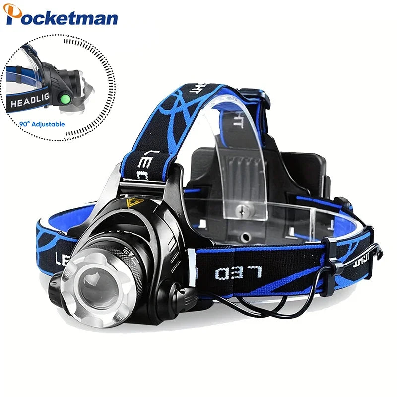 POCKETMAN 30000LM LED Headlamp – Zoomable Waterproof 3-Mode Torch