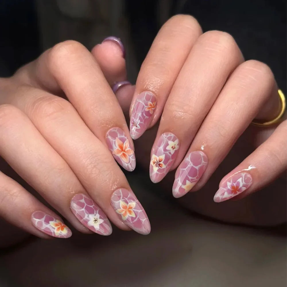 Long Almond False Nails French Leopard Star Press Fake DIY Manicure