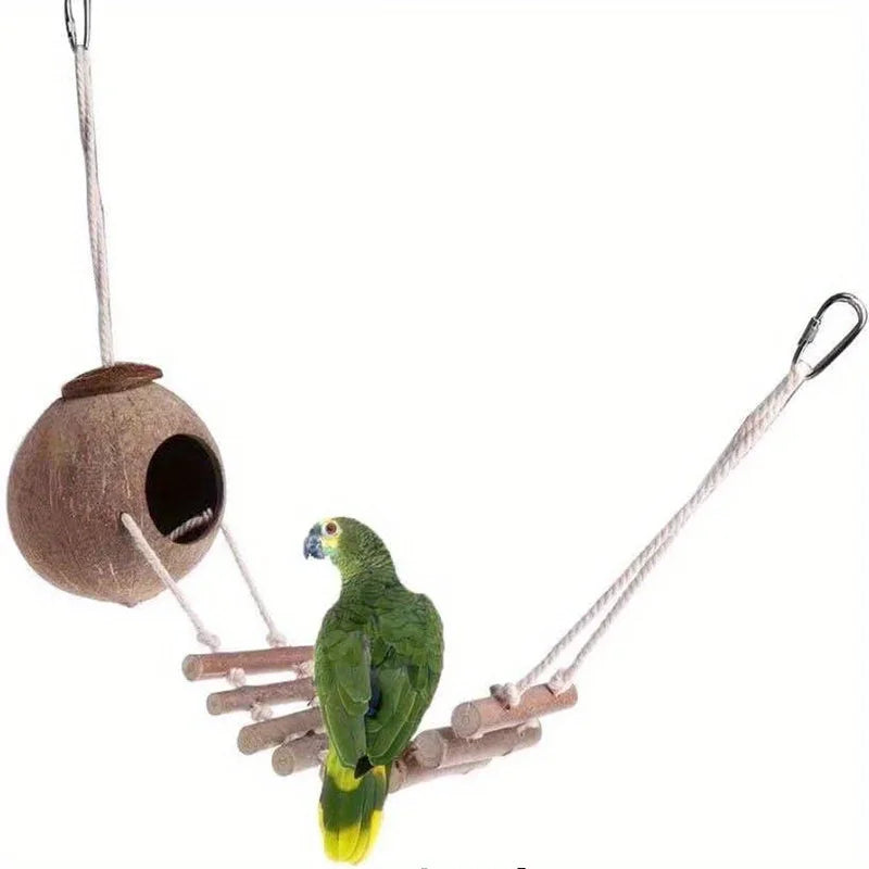 Parrot Natural Coconut Shell Bird Nest Climbing Ladder Cozy Hanging