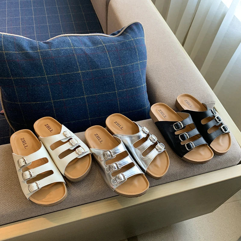 Womens Silver Three Buckle Strap Slide Sandals Open Toe Flat Slippers Zpaxo