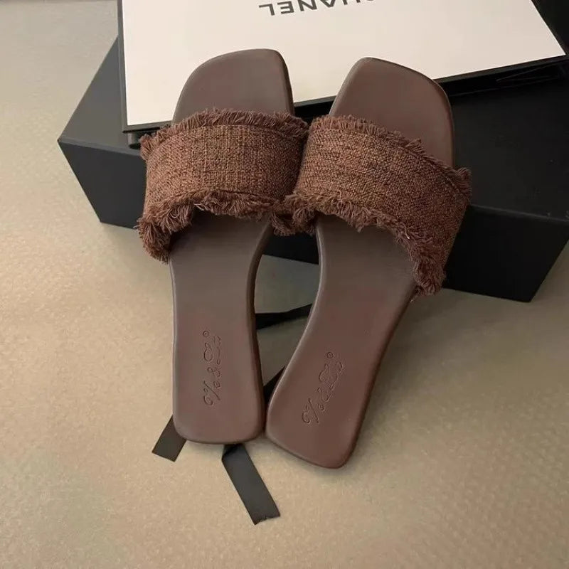 Women's Slippers Solid Color Open-toe Set Foot Vacation Beach Flat Sandals Casual Flip Flops Summer Indoor Women Slides Shoes Zpaxo Coffee 35